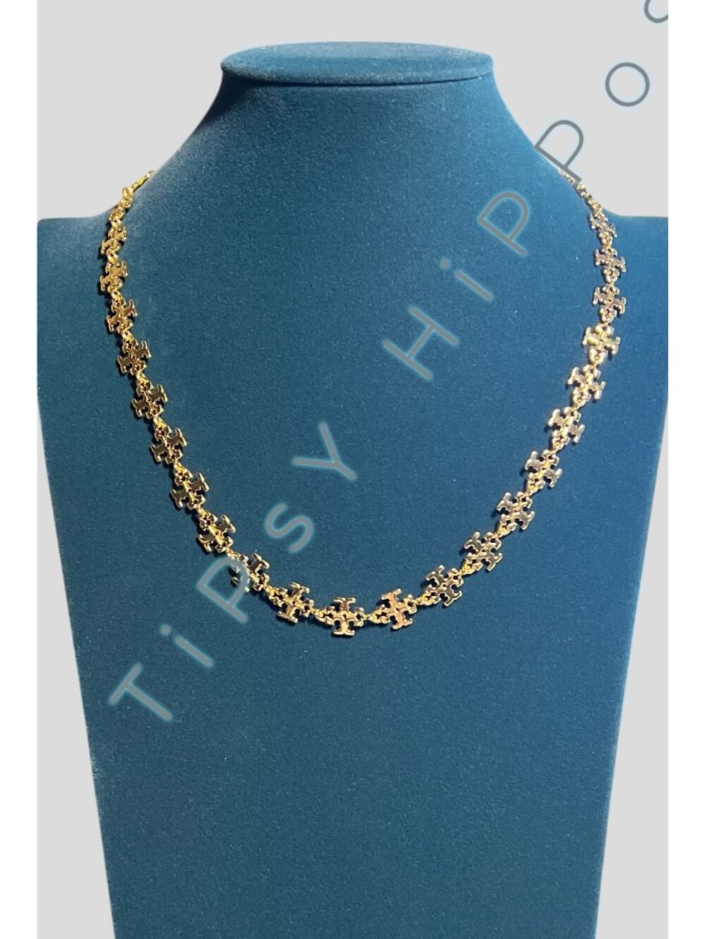 Tory Burch Gold Puzzle Piece Chain Necklace With Adjustable Clasp & Branded Pouc